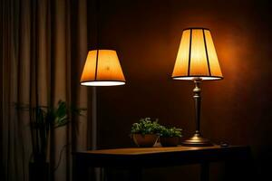 two lamps on a table in front of a brown wall. AI-Generated photo