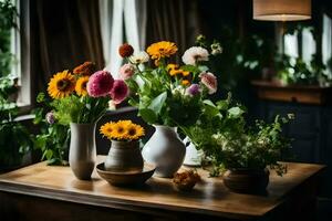 flores en floreros en un mesa. generado por ai foto