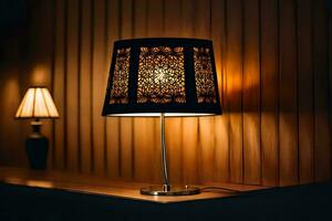 un lámpara en un mesa en frente de un de madera pared. generado por ai foto