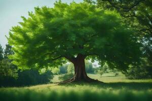 un árbol es mostrado en un campo con verde hojas. generado por ai foto