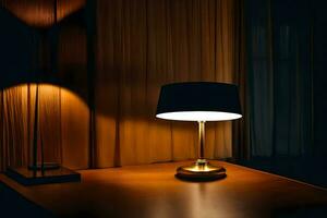 a table lamp is on a table in a dark room. AI-Generated photo