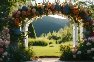 a wedding arch with flowers in the background. AI-Generated photo