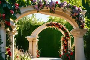 a wedding archway with flowers and greenery. AI-Generated photo