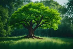 un árbol en un campo con verde césped. generado por ai foto