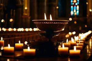 velas son iluminado en un Iglesia con un vela en el medio. generado por ai foto
