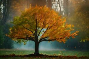 un soltero árbol en el medio de un otoño campo. generado por ai foto