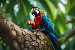 two colorful parrots sitting on a tree branch. AI-Generated photo