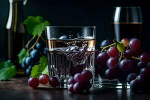 un vaso de agua y uvas en un oscuro mesa. generado por ai foto