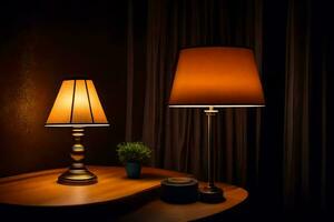 two lamps on a table in the dark. AI-Generated photo