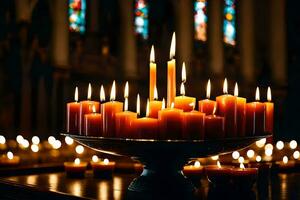 velas en un Iglesia con manchado vaso ventanas generado por ai foto