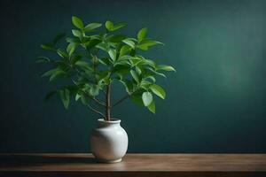 a small plant in a white vase on a table. AI-Generated photo