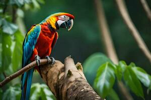 a colorful parrot sits on a branch in the jungle. AI-Generated photo