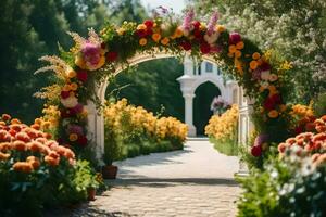 un arco con flores y un blanco edificio en el antecedentes. generado por ai foto