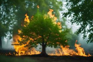 a tree is burning in the middle of a forest. AI-Generated photo