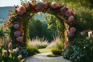 a flower archway is set up in the middle of a garden. AI-Generated photo