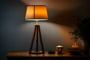 a lamp on a wooden table next to a vase. AI-Generated photo