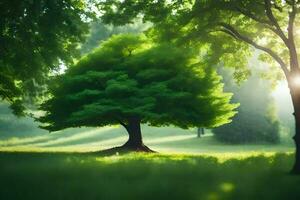 un árbol en el medio de un verde campo. generado por ai foto