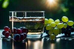 un vaso de agua con uvas y uvas. generado por ai foto