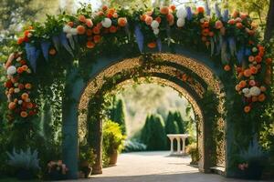 an archway with flowers and greenery. AI-Generated photo