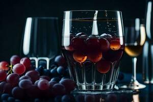 a glass of wine and grapes on a dark background. AI-Generated photo