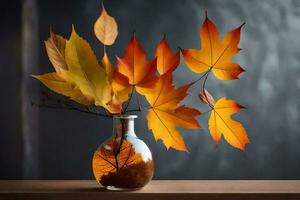 autumn leaves in a vase on a table. AI-Generated photo