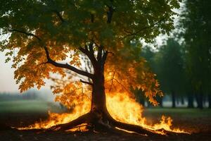 a tree with flames coming out of it. AI-Generated photo