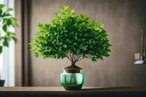 a small green plant in a vase on a table. AI-Generated photo