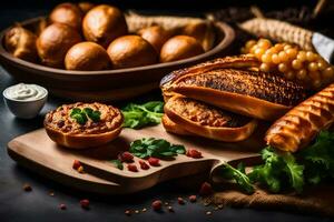 comidas en un de madera tablero con un pan y vegetales. generado por ai foto