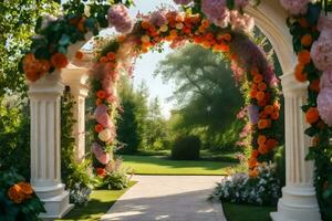 an archway with flowers and greenery. AI-Generated photo