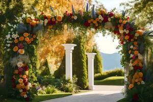 an archway with flowers and greenery. AI-Generated photo