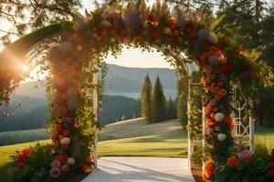 an archway decorated with flowers and greenery. AI-Generated photo