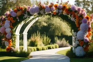 un Boda arco hecho de flores en el medio de un parque. generado por ai foto