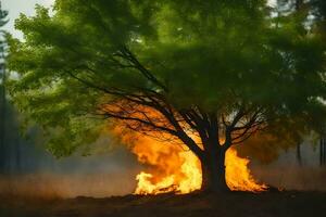 un árbol es ardiente en el medio de un campo. generado por ai foto