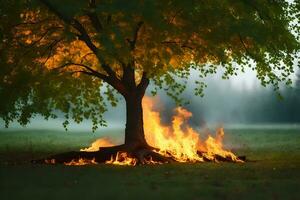 a tree with flames coming out of it in the middle of a field. AI-Generated photo