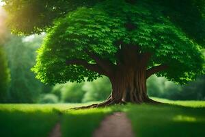 un árbol es en pie en el medio de un verde campo. generado por ai foto