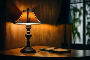 a lamp on a table in a dark room. AI-Generated photo