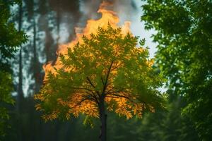 un árbol con llamas viniendo fuera de él. generado por ai foto