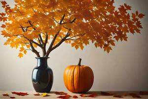 a vase with a pumpkin and maple leaves on a table. AI-Generated photo