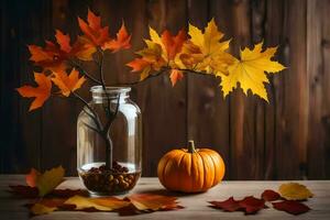 autumn leaves and a pumpkin in a glass vase on a wooden table. AI-Generated photo