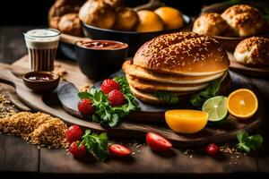 a plate of food with bread, fruit and other ingredients. AI-Generated photo