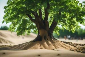 a tree in the desert with sand and people. AI-Generated photo
