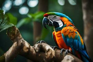 a colorful parrot sits on a branch. AI-Generated photo