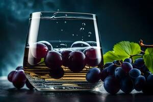 un vaso de vino con uvas en un oscuro antecedentes. generado por ai foto