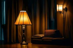 a lamp is sitting on a table in front of a curtain. AI-Generated photo