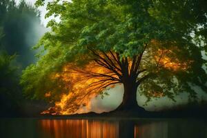 a tree with flames coming from it in the water. AI-Generated photo