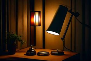 a lamp on a table next to a lamp and a plant. AI-Generated photo