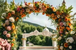 an outdoor wedding arch with orange and yellow flowers. AI-Generated photo