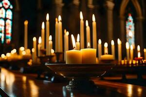 velas son iluminado en un Iglesia con manchado vaso ventanas generado por ai foto