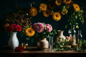 flowers in vases on a table. AI-Generated photo