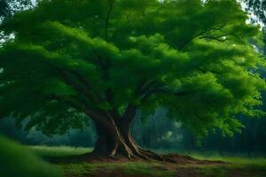 un grande árbol en el medio de un campo. generado por ai foto